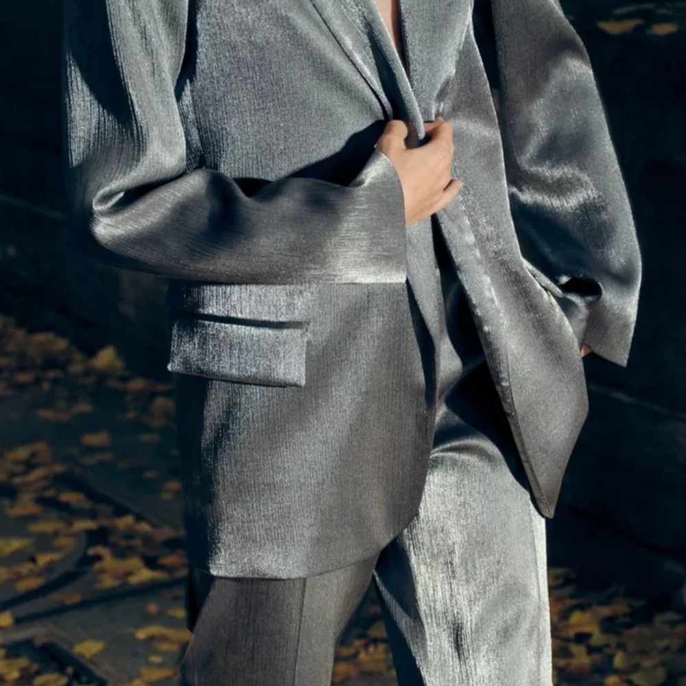 Zara Women's Silver Satin Blazer Jacket (Size L)and maching Pants (Size XL) - Picture 2 of 7
